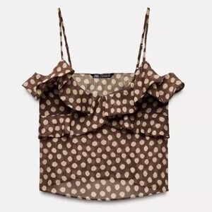 Zara - Flowy Polka Dot Print Ruffle Cami Tank Top Size XL Brown and Cream